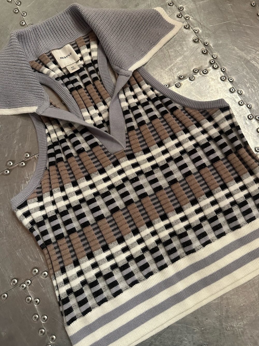 Maeve Plaid Knit V-Neck Sleeveless Sweater Vest in Taupe, Black & White